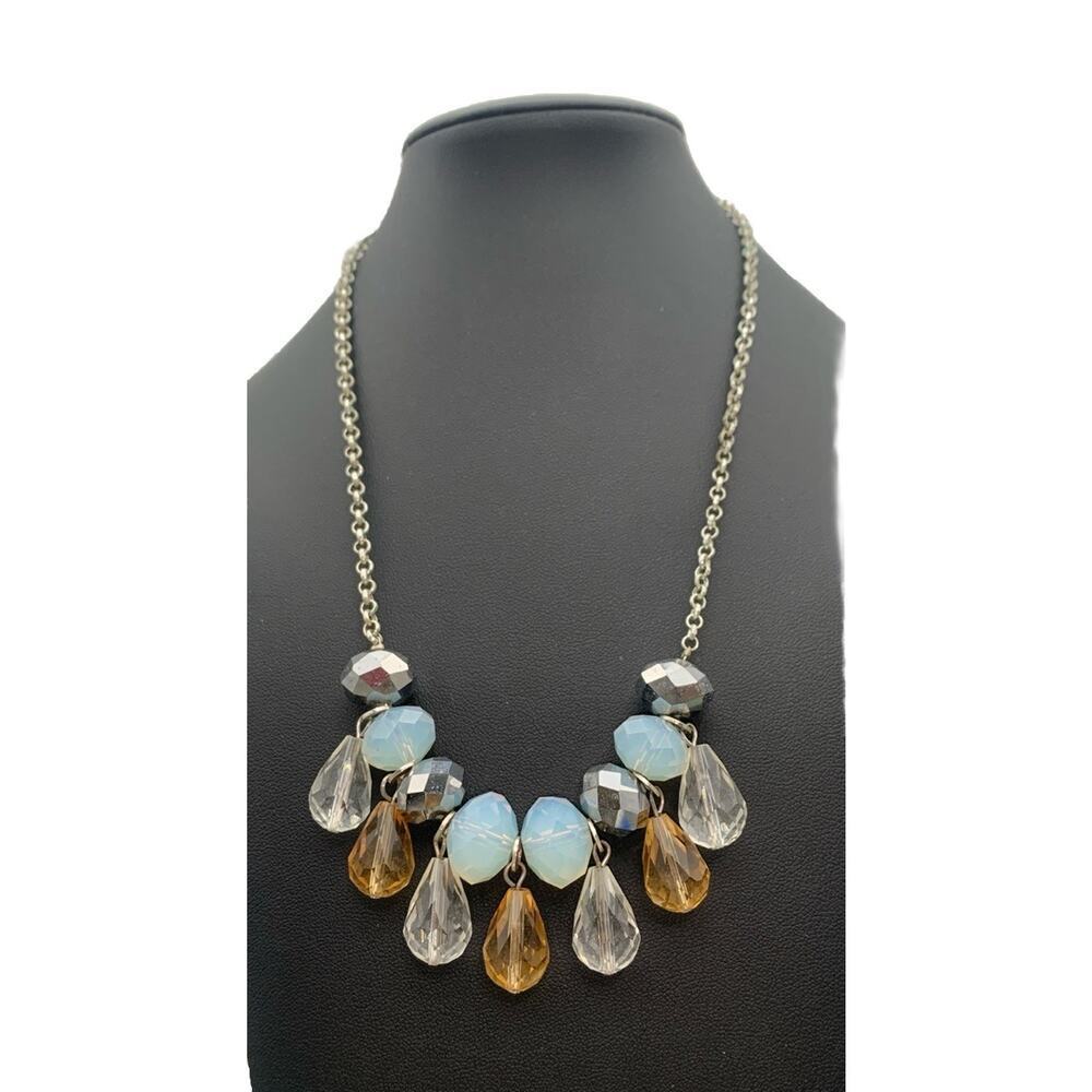 Liz Clairborne Blue Amber & Clear Faceted Glass beaded Teardrop Necklace LC - Picture 1 of 5